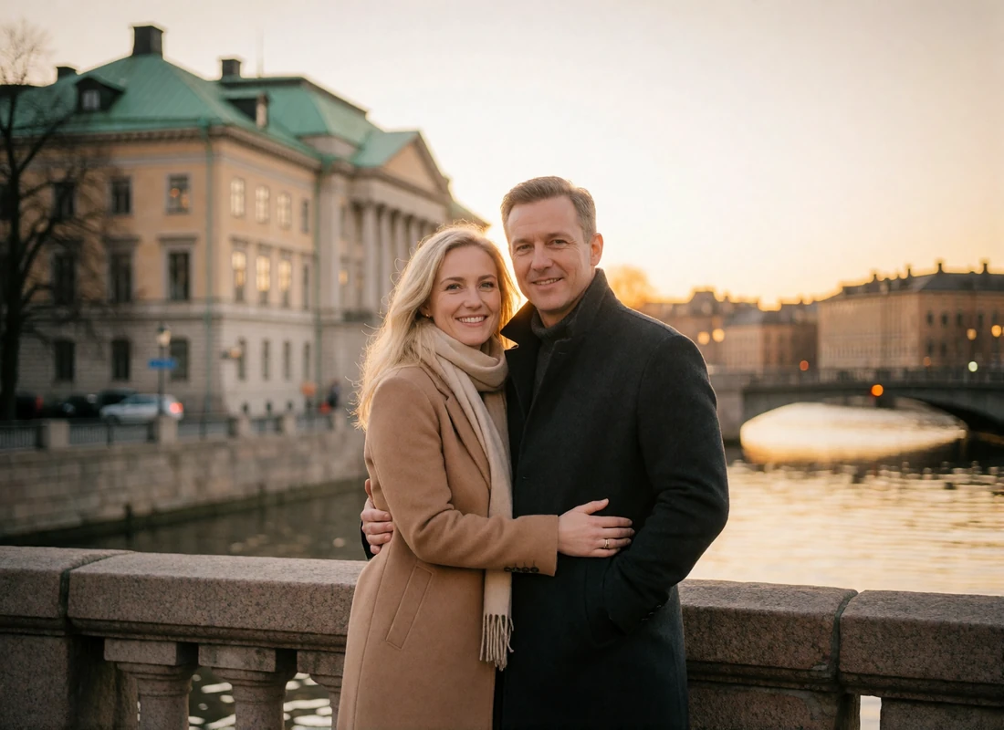 Couple in their early forties smiling together on a stone bridge over a Stockholm waterway at dusk
