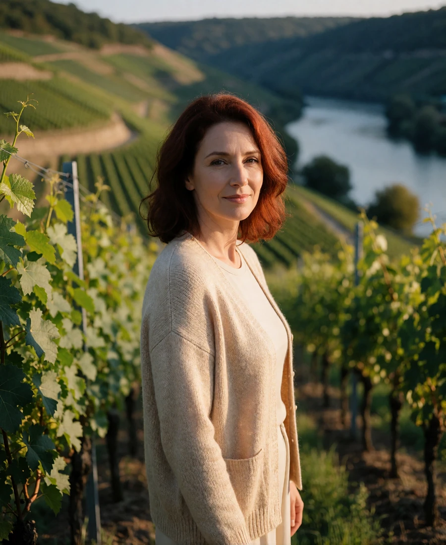 Woman with auburn hair in a beige cardigan standing among terraced vineyard rows above the Moselle in Luxembourg