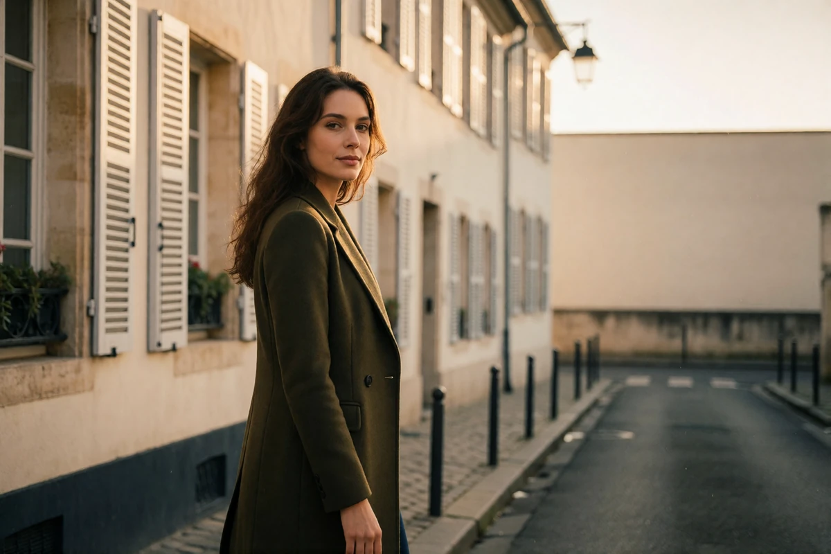 Woman in a fitted olive coat walking a narrow street in the old quarter of Luxembourg City