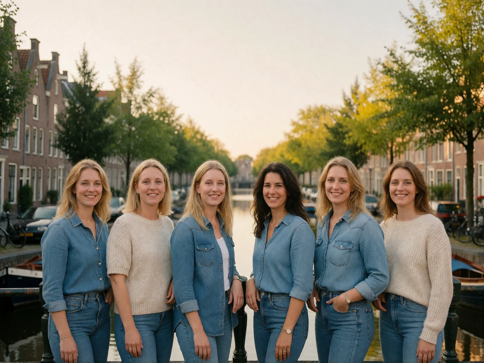 Six Dutch women standing along a canal-side railing in Amsterdam with narrow gabled brick houses behind them