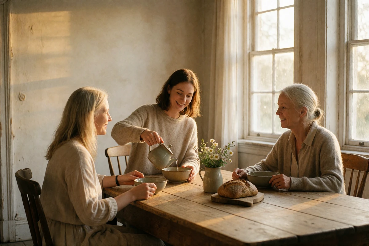 Three generations gathered around a wooden table in a bright Lithuanian dining room sharing tea and bread