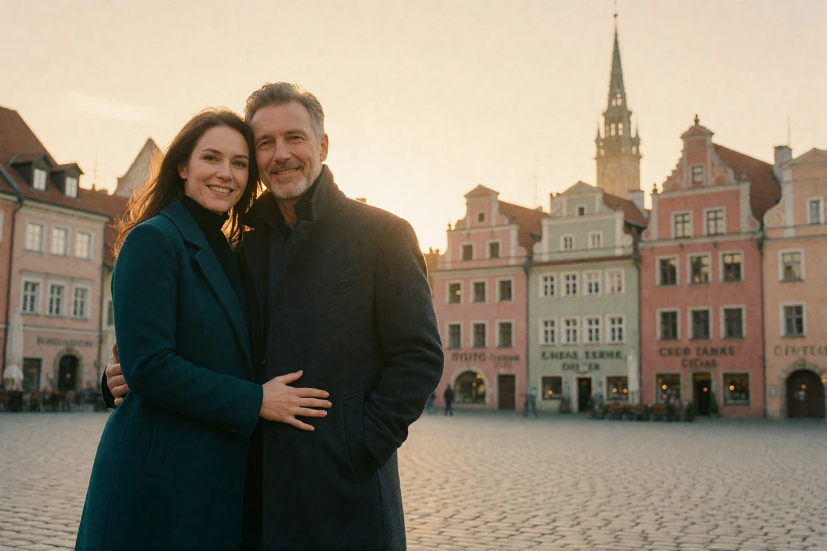 Couple in their forties standing close together and smiling warmly in a medieval square in Tallinn at golden hour