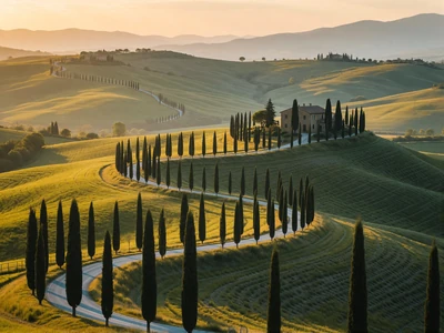 Rolling Tuscan hills with a cypress-lined ridge road at golden hour