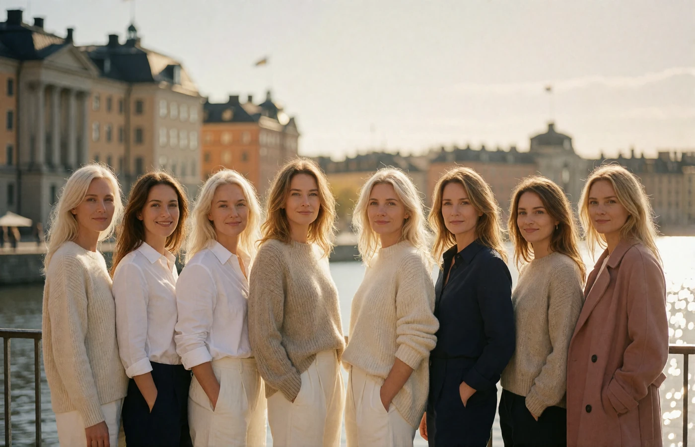Eight Swedish women in tasteful knitwear and tailored coats gathered on a sunlit Stockholm waterfront terrace