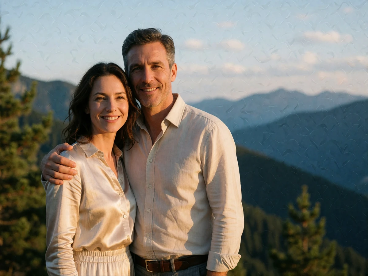 Couple in their forties standing close together at a mountain viewpoint in the Andorran Pyrenees at golden hour