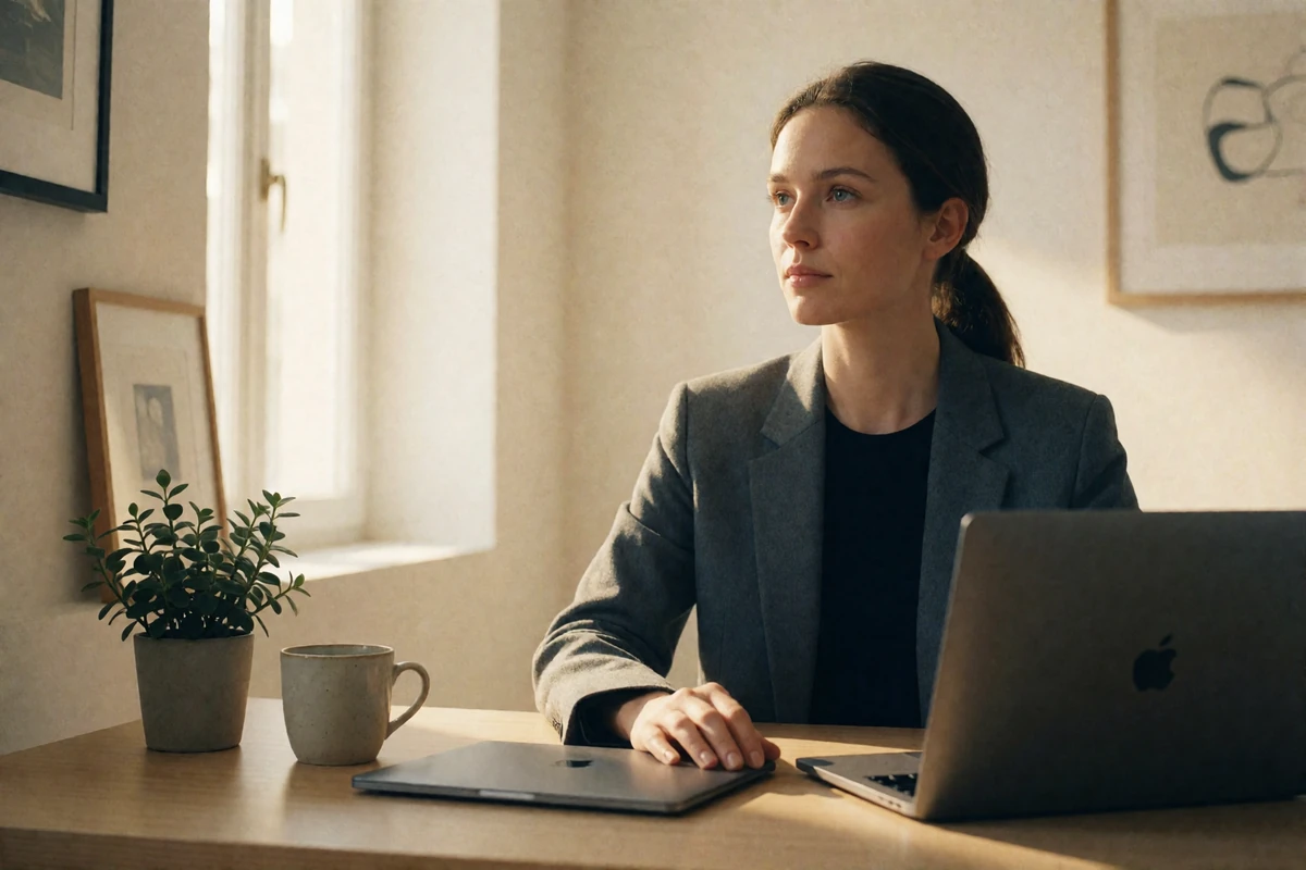 Woman in a grey blazer sitting attentively at a clean desk beside a closed laptop, exercising caution before responding online