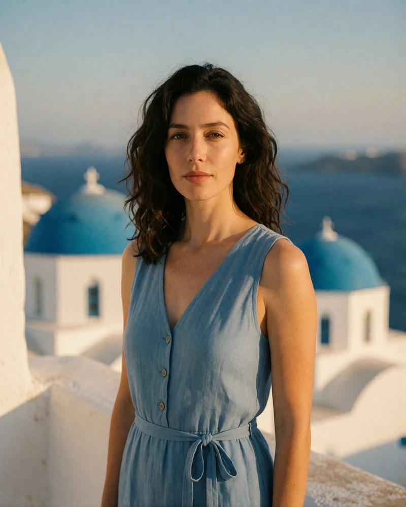 Greek woman in a soft blue linen dress standing on a whitewashed Aegean terrace overlooking the sea