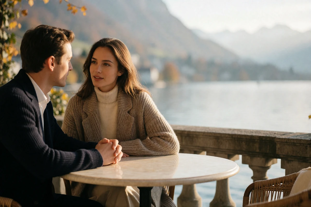Swiss woman leaning forward in conversation at a marble café table overlooking Lake Lucerne with her partner