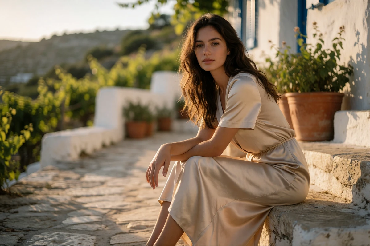 Cypriot woman sitting on stone steps of a hillside village house with vine-covered hills in the background