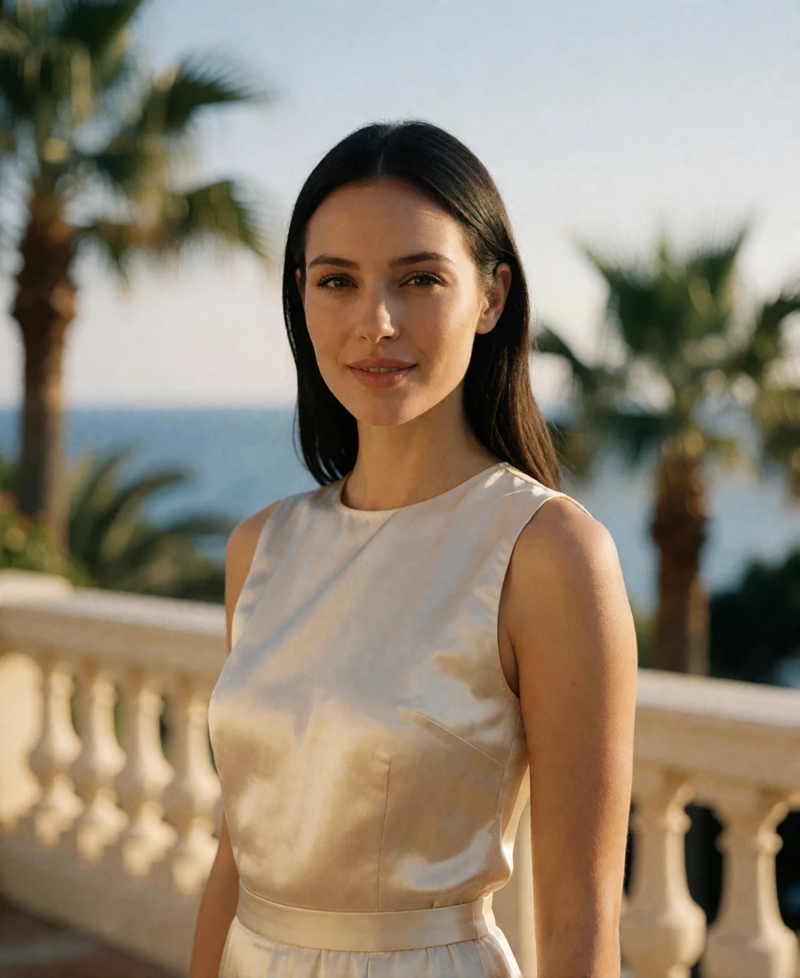 Dark-haired woman in a cream top smiling on a sunlit Monte Carlo terrace