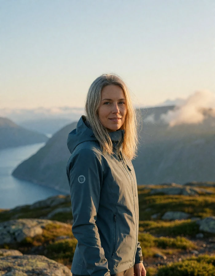 Norwegian woman in a slate-blue technical jacket standing at a mountain lookout above layered fjord ridgelines