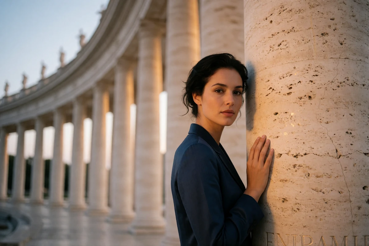 Elegant woman with dark hair swept back standing beneath a vast curved stone colonnade at dusk