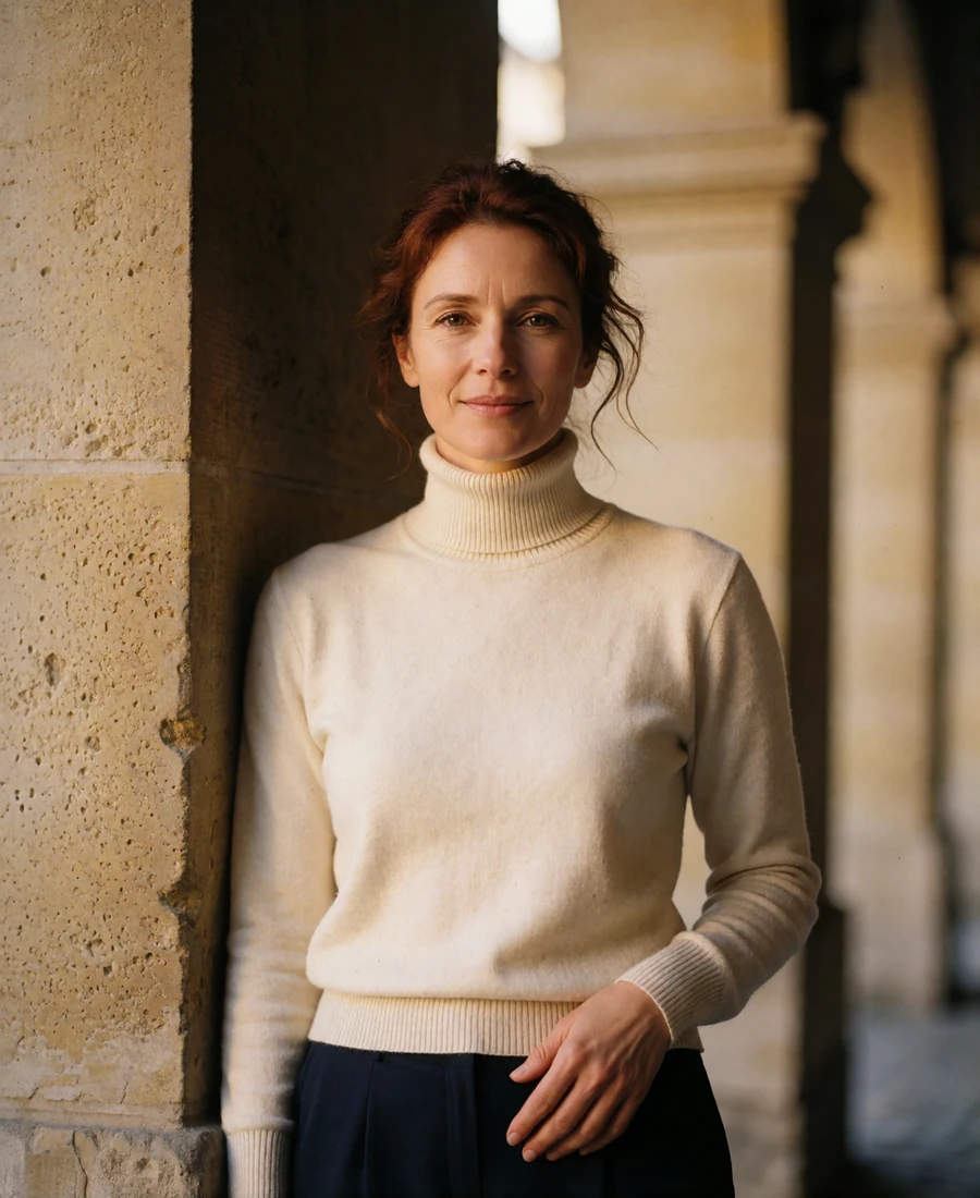 Swiss woman with auburn hair standing beside a sandstone arcade column in Bern