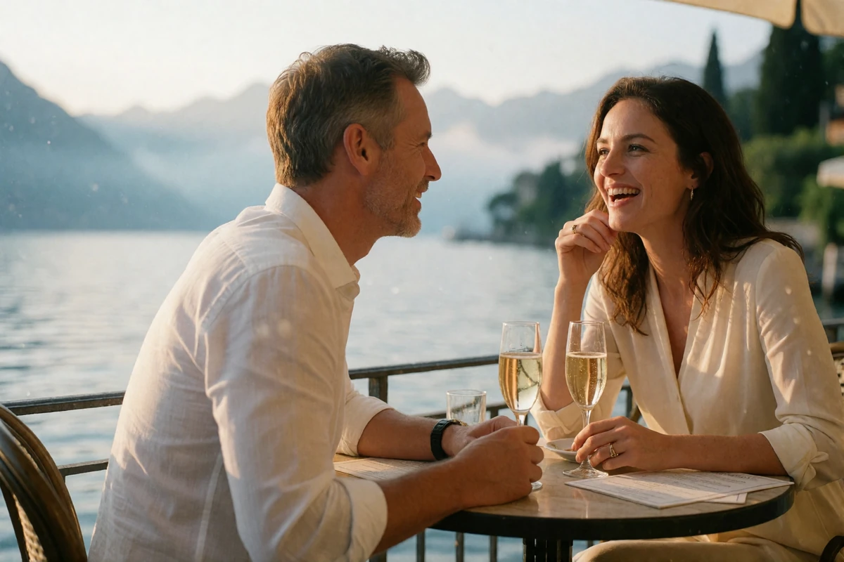 Couple in their forties sharing coffee at a lakeside cafe table on Lake Como at golden hour