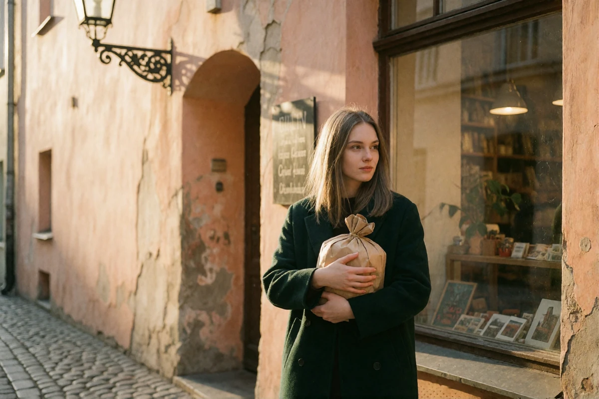 Woman in a dark green wool coat pausing thoughtfully beside a shop window on a narrow Vilnius lane
